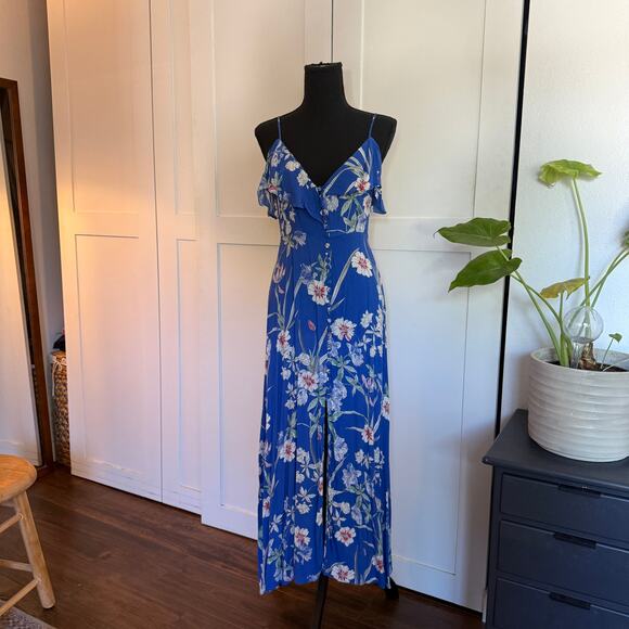 Zara Blue Floral Spaghetti Strap Button Front Ruffle Detail Maxi Dress - s - Picture 6 of 12